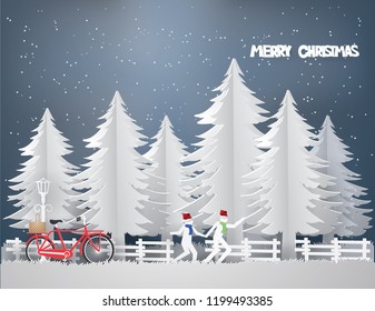 Merry Christmas concept with Red Bicycle and Children are running in the park in the winter season,paper art Illustration style