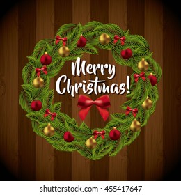 Merry Christmas concept represented by bowtie leaves sphere icon. Colorfull illustration. Wood background