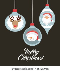 Merry Christmas concept represented by snowman santa and reindeer cartoon inside spheres. Colorfull and vintage illustration. 