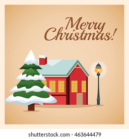 Merry Christmas concept represented by winter house and lamp icon. Colorfull and vintage illustration inside frame.