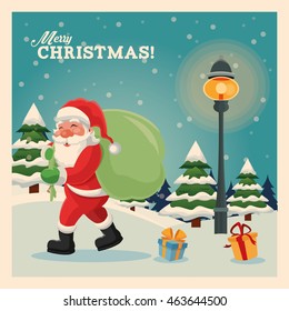 Merry Christmas concept represented by santa cartoon icon over landscape. Colorfull and vintage illustration inside frame.