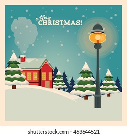 Merry Christmas concept represented by winter house and lamp icon over landscape. Colorfull and vintage illustration inside frame.