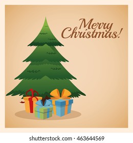 Merry Christmas concept represented by pine tree with gifts icon. Colorfull and vintage illustration inside frame.