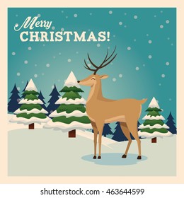 Merry Christmas concept represented by reindeer icon over landscape. Colorfull and vintage illustration inside frame.