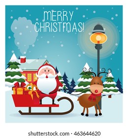 Merry Christmas concept represented by santa cartoon and sled icon over landscape. Colorfull and classic illustration inside frame.