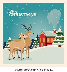 Merry Christmas concept represented by reindeer icon over landscape. Colorfull and vintage illustration inside frame.