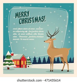 Merry Christmas concept represented by reindeer icon over landscape. Colorfull and vintage illustration inside frame.