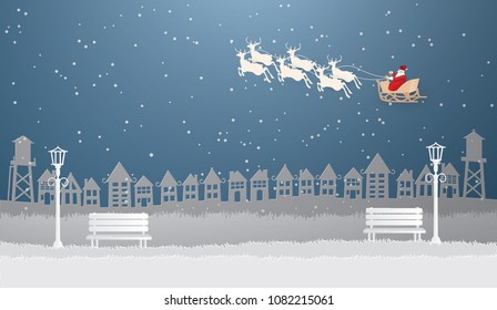 Merry Christmas concept with Santa Claus on the sky coming to Urban countryside city in winter season.vector and illustration craft style.