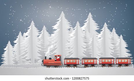 Merry Christmas concept with Santa Claus driving train on forest to Urban countryside city in winter season,paper art Illustration style