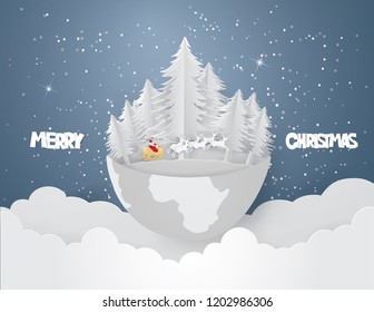 Merry Christmas concept with Santa Claus and Reindeer in the forest go to the sky  with snow in winter season, Paper art and Illustration