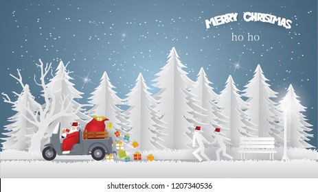Merry Christmas concept with Santa Claus driving mini truck three wheels and Gift bag coming to Urban countryside city in winter season.Vector and illustration.