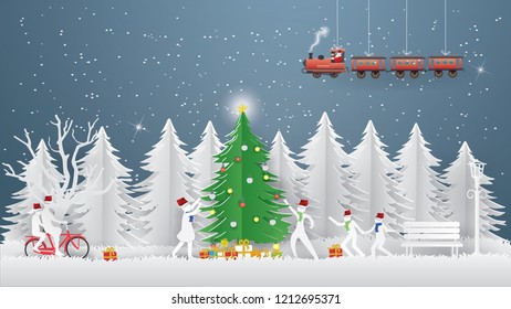 Merry Christmas concept with Santa Claus driving the train in the sky and Children are running,playing and riding a red bike and snow in winter season,Paper art Vector and Illustration