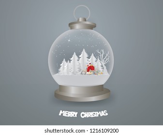 Merry Christmas concept with Santa Claus  ride a bicycle with a gift bag in Snow globe in front of white forest and snow in winter season ,Paper art and Illustration style.