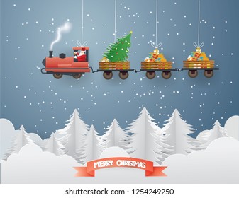 Merry Christmas concept with Santa Claus driving Vintage Transportation Train carry Christmas tree and gift box on the sky in winter season,paper craft style and illustration