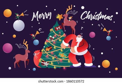 Merry Christmas concept, Santa claus and reindeer dance and singing on abstract background with bubble, gift, snow, star, Christmas tree, design for Christmas invitation card and new year festival.