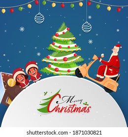 Merry Christmas Concept With Santa Claus Riding Scooter, Decorative Xmas Tree, Cheerful Kids And House On Blue And White Background.