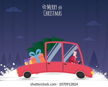 Merry Christmas Concept With Santa Claus Driving Pickup Truck Of Xmas Tree, Gift Boxes On Blue And White Snow Background.