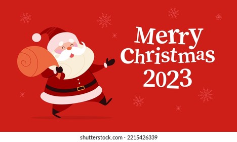 Merry Christmas concept with Santa Claus and text congratulation. Vector flat Christmas illustration. For banner, card, package.