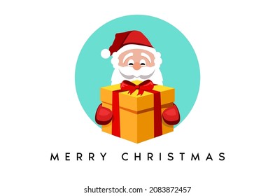 Merry Christmas Concept. Santa holding yellow gift box with red ribbon. Illustration. Poster. Banner