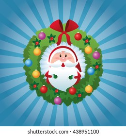 Merry Christmas concept with santa inside pine crown. vector gra