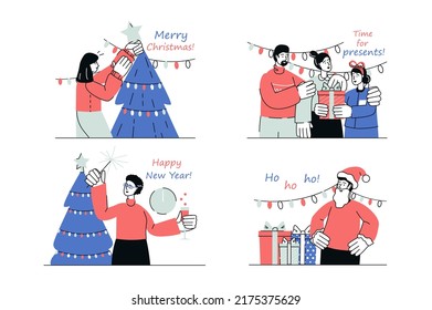 Merry Christmas concept set in flat line design. Men and women celebrate Xmas, decorate festive tree with garlands, give gifts, have fun at party. Vector illustration with outline people scene for web