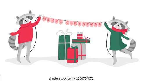 Merry Christmas concept. Two cute raccoons, flags and gifts isolated on white background. Vector flat cartoon illustration.