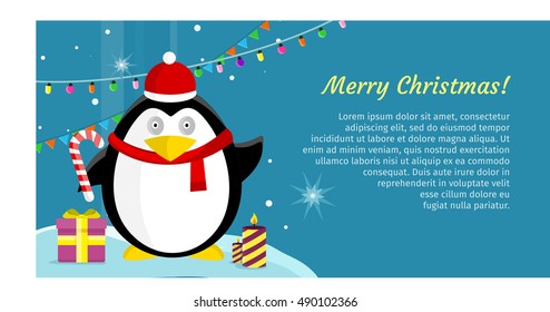 Merry christmas concept vector banner. Flat style. Funny penguin in santa hat on winter holidays background with candles, garlands, gift box, stars. Illustration for greeting cards, web page design