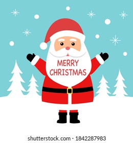 Merry Christmas concepto de ilustración vectorial. Santa Claus de pie sobre la nieve con el árbol de Navidad de fondo. Diseño para web, banner, afiche, tarjeta de saludo.