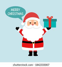 Merry Christmas concepto de ilustración vectorial. Papá Noel sosteniendo un regalo de Navidad. Diseño para web, banner, afiche, tarjeta de saludo.