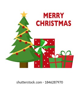 Merry Christmas concept vector illustration on white background. Xmas gifts with Santa Christmas tree in flat design. Design for web, banner, poster, greeting card.