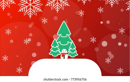 Merry Christmas Concept. Vector of snowman on the snow floor undeer the chistmas tree with snowflakes.