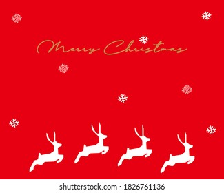 Merry Christmas concept: White reindeer on red background with fake snow. Vector illustration.