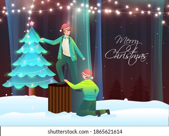 Merry Christmas Concept With Young Boys Character, Xmas Tree And Lighting Garland On Snow Forest Background.