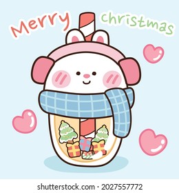 Merry christmas concept.Milk tea in rabbit face cup wear scarf on blue background.Winter.Kawaii.Isolated.Vector.Illustration.Illustrator.