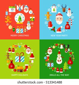 Merry Christmas Concepts Set. Flat Design Vector Illustration. Collection of Winter Holiday Posters.