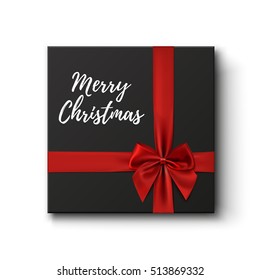 Merry Christmas conceptual background. Black gift box with red ribbon and price tag isolated on white. Vector illustration.