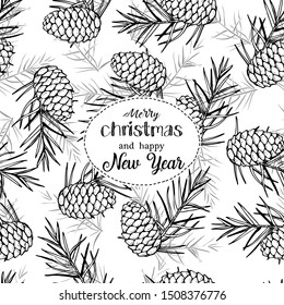 Merry Christmas. Cones and Christmas tree. Seamless botanical hand drawn vector background. Great for greeting cards, backgrounds, holiday decor and fabric.