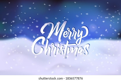 Merry Christmas congratulation banner, poster, greeting card with snowdrift and falling snowflakes on dark blue sky, vector illustration.