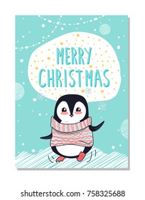 Merry Christmas congratulation bright postcard with happy penguin dressed in warm sweater. Vector illustration with beautiful animal surrounded by snow
