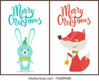 Merry Christmas congratulation from cute animals on white background. Vector illustration with fox playing with colorful yo-yo and hare in funny hat
