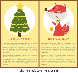 Merry Christmas congratulation with decorated tree and fox playing with yo-yo. Vector illustration with New Year symbol and happy animal with toy