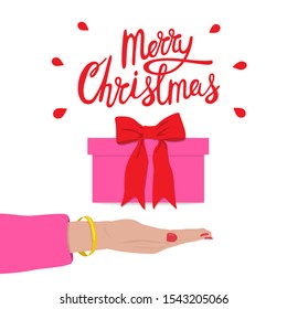 Merry Christmas congratulation. Female hand holding gift box with bow. Holiday sale. Hand drawn vector illustration.