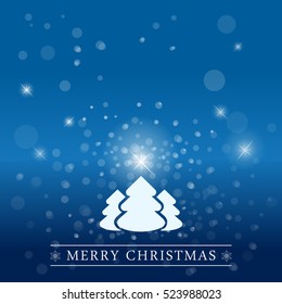 Merry Christmas congratulation on blue shiny background, Fir-trees and snowflakes vector illustration. Winter holidays concept.