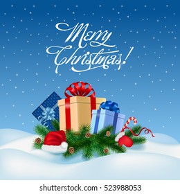 Merry Christmas congratulation on blue snowy background, Fir-tree branches, gift boxes and bags with bows of ribbon in snow vector illustration. Winter holidays concept.