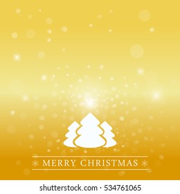 Merry Christmas congratulation on golden shiny background, Fir-trees and snowflakes vector illustration. Winter holidays concept.