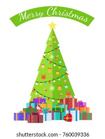 Merry Christmas congratulation poster, bright spruce decorated by colorful balls and garlands. Vector illustration with tree isolated on white background