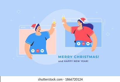 Merry Christmas congratulation via video call. Concept vector illustration of young woman and man are greeting each other with a glass of champagne in the screen. Cheers and online holiday greetings
