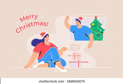 Merry Christmas congratulation via video call. Concept vector illustration of young woman sitting with laptop with xmas gifts and talking to her friend via video call. Online greetings and celebration