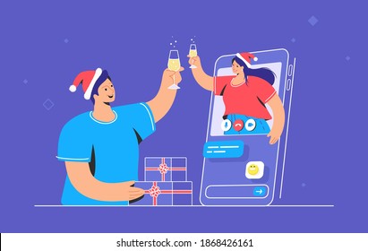 Merry Christmas congratulation via video call. Vector illustration of young woman is greeting her male friend with a glass of champagne from mobile screen. Cheers and online holiday greetings 