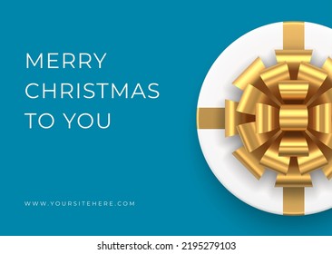 Merry Christmas congratulations blue greeting card realistic 3d icon vector illustration. Happy New Year traditional winter holiday celebration web banner wrapped festive gift box top view design